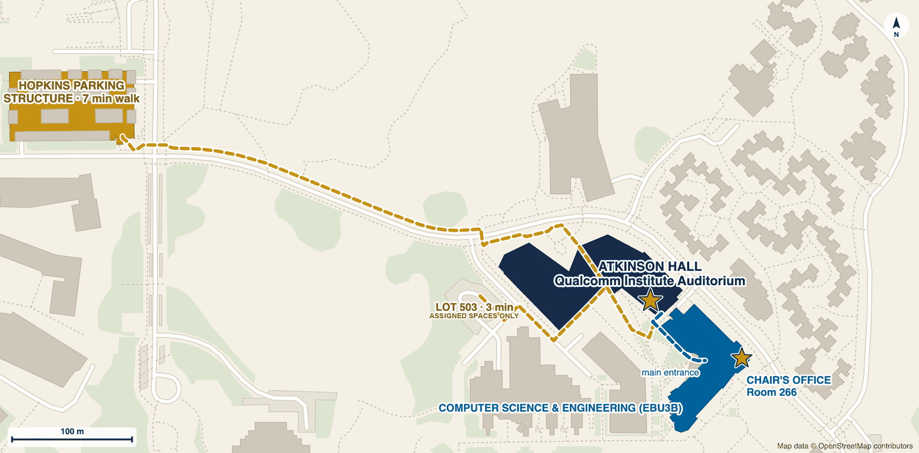 Map showing gold walking routes from the Hopkins Parking Structure and from Lot 503 — labelled assigned spaces only — to a star marking the Qualcomm Institute Auditorium in Atkinson Hall, and a short blue route from the auditorium to the main entrance of the Computer Science and Engineering building, where a second star marks the chair's office in room 266.